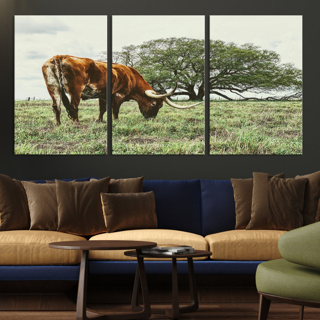 Texas Longhorn Wall Art Canvas Print, Rustic Western Ranch