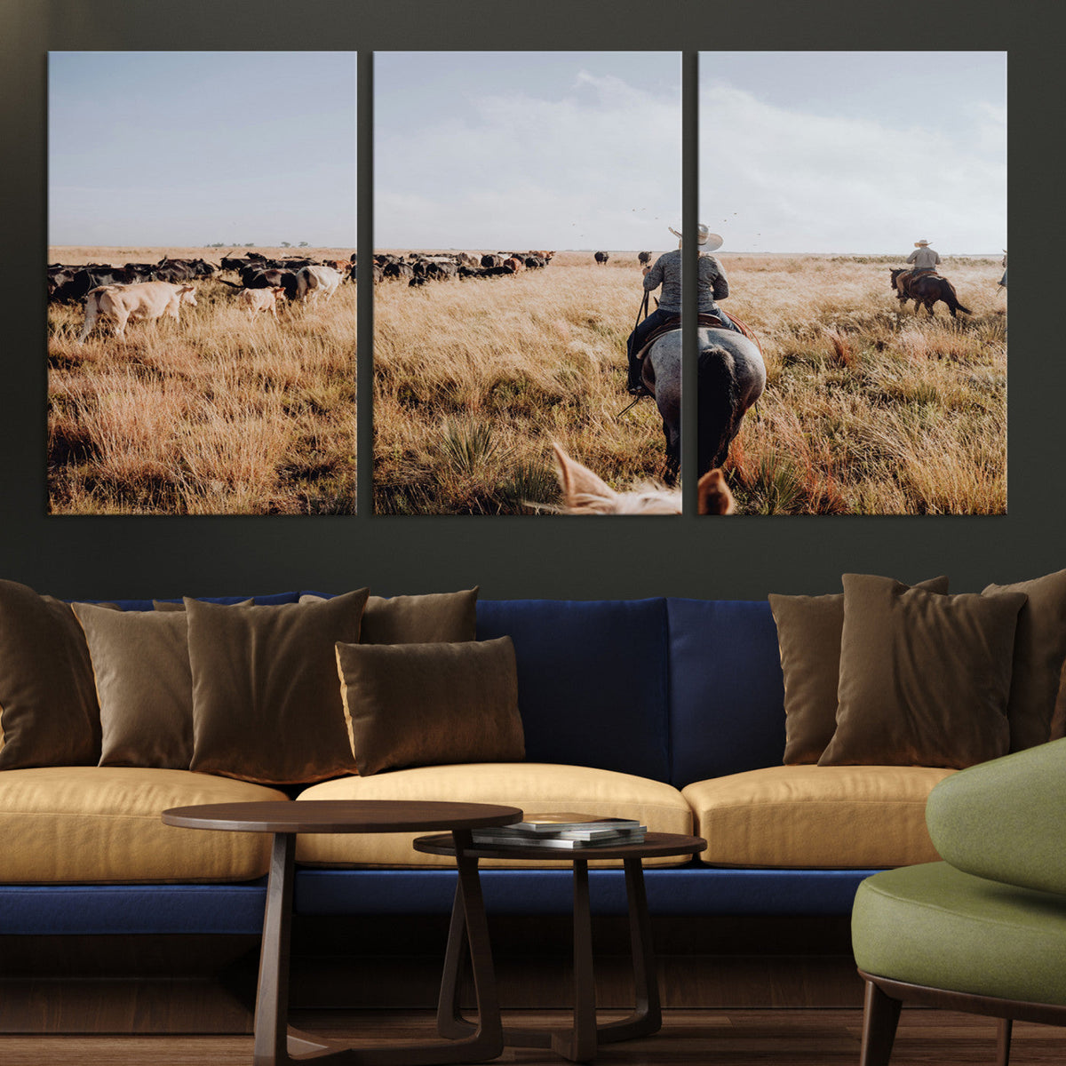 Western Wall Art Canvas Print, Framed Cowboy Cattle Drive Scene
