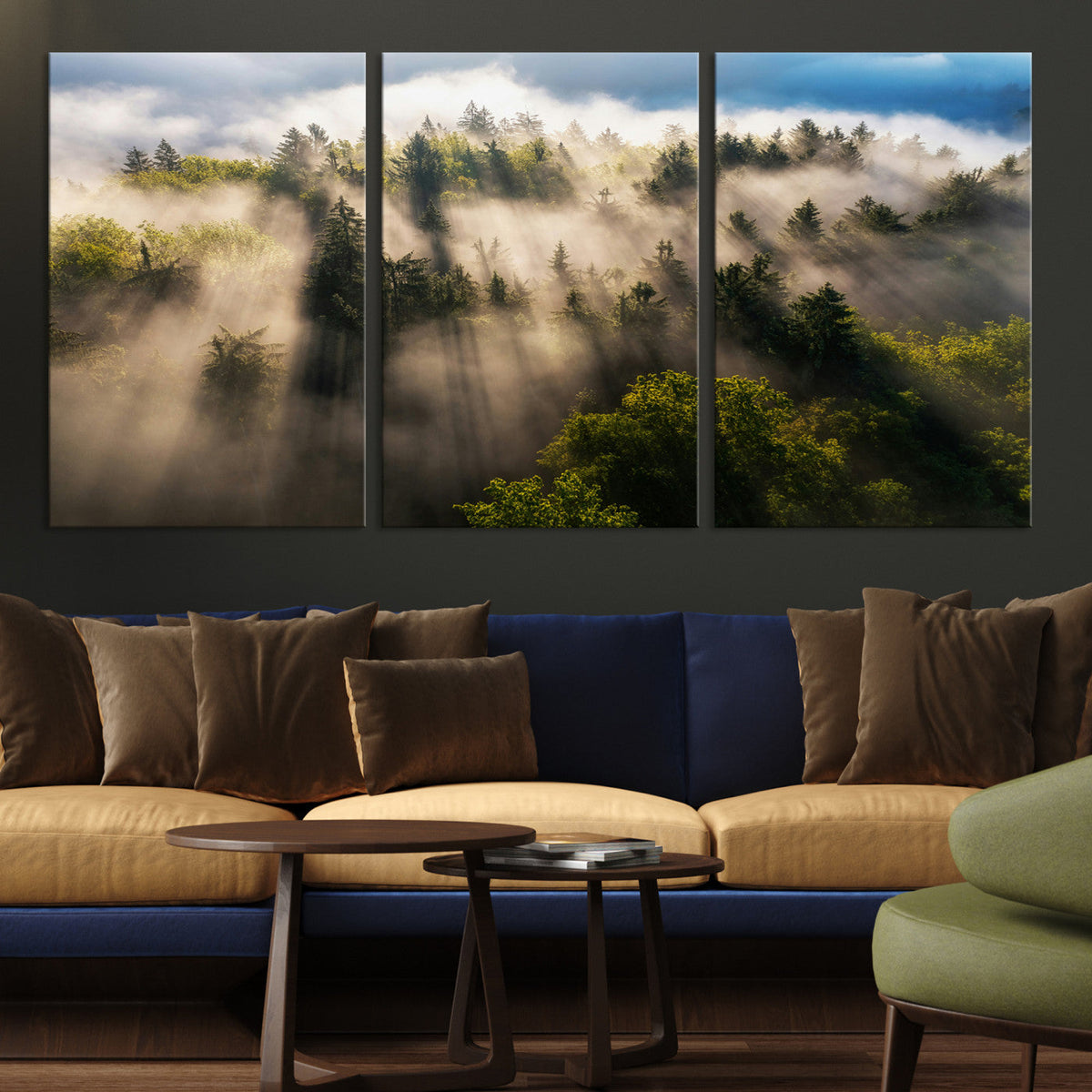 Tranquil Forest Scene Wall Art Canvas Print, Framed Moody Sunbeam Through Trees