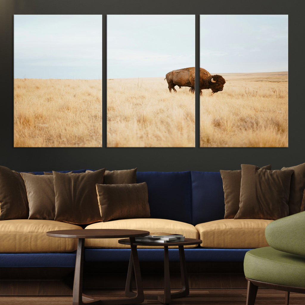 Buffalo Wall Art Canvas Print, Framed Western Wildlife Rustic Prairie Scene
