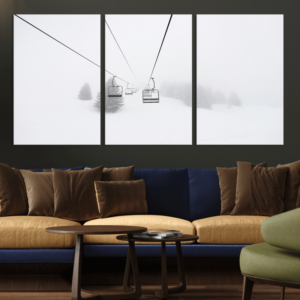 Ski Lift Wall Art Canvas Print, Framed Snowy Landscape Art, Alpine Adventure Nordic Minimalist Decor