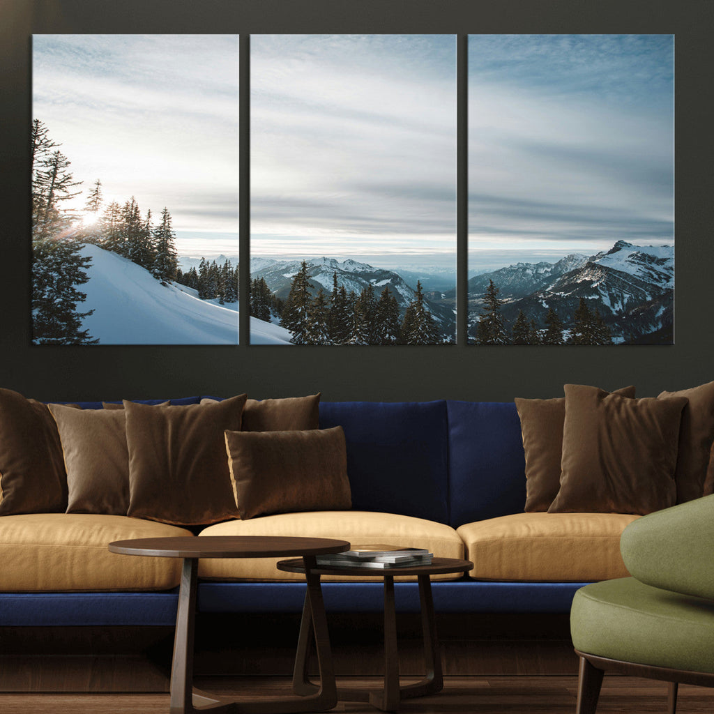 Snowy Mountains Wall Art Canvas Print, Framed Alpine Landscape Frosty Peaks Artwork