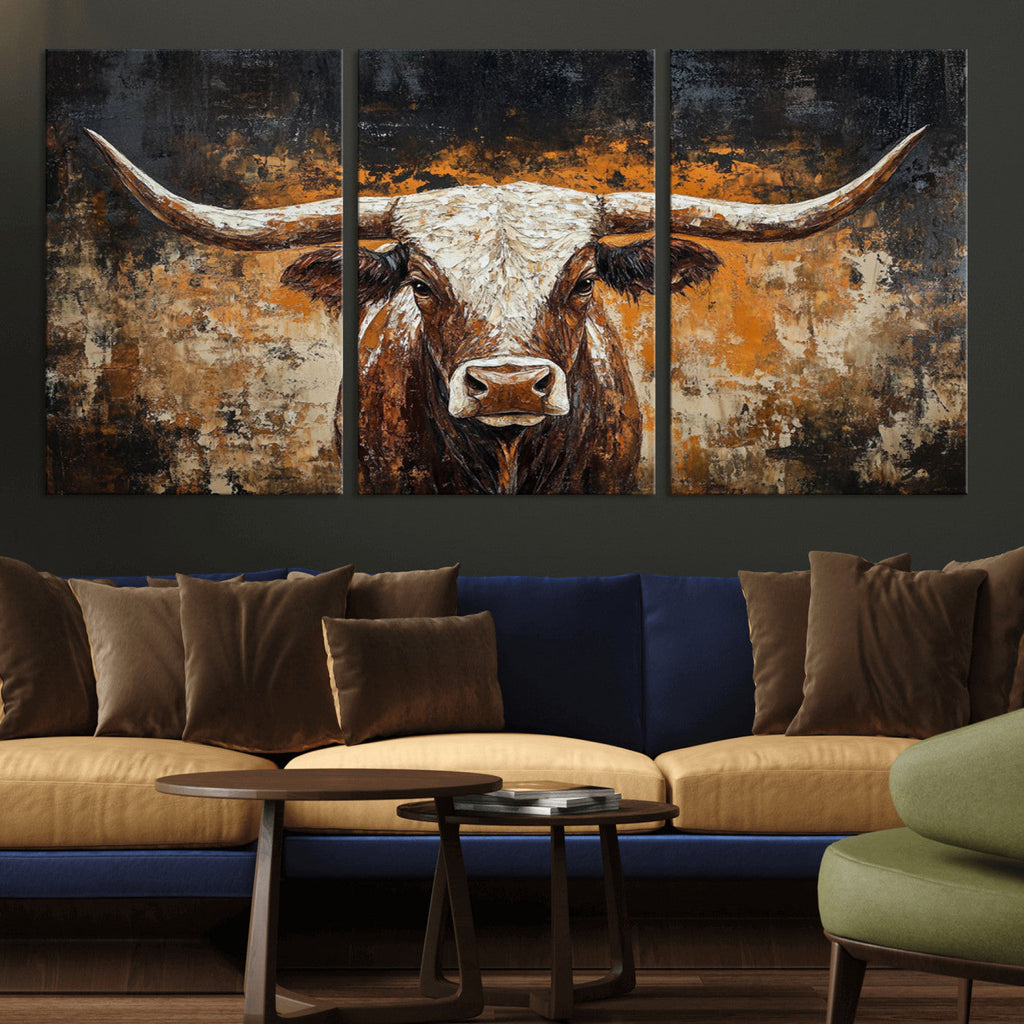 Abstract Longhorn Bull Wall Art Canvas Print, Vintage Western Texas Steer Artwork