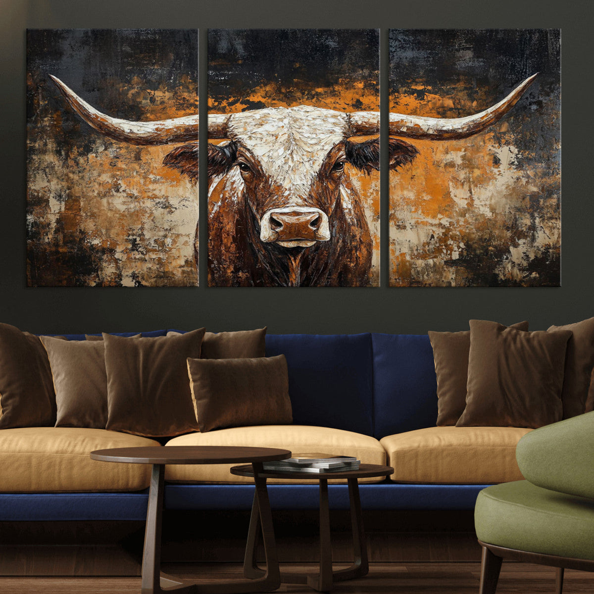 Abstract Longhorn Bull Wall Art Canvas Print, Vintage Western Texas Steer Artwork
