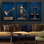 Lady Justice Wall Art Canvas Print, Elegant Gold Legal Symbols on Blue, Law Office Decor