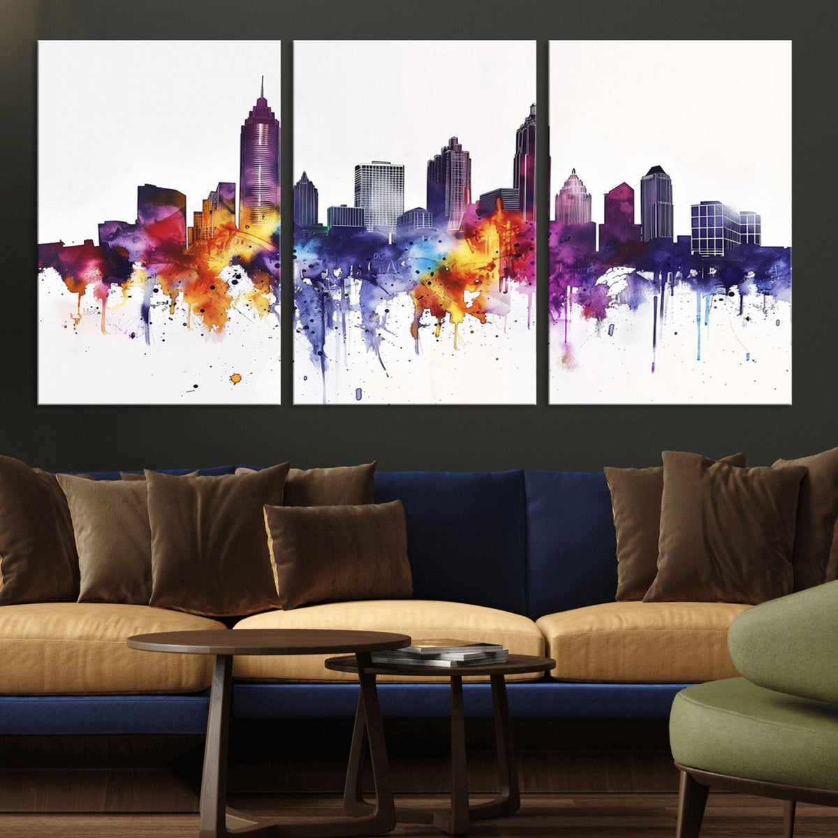Atlanta Skyline Wall Art Canvas Print, Framed Colorful Watercolor Cityscape