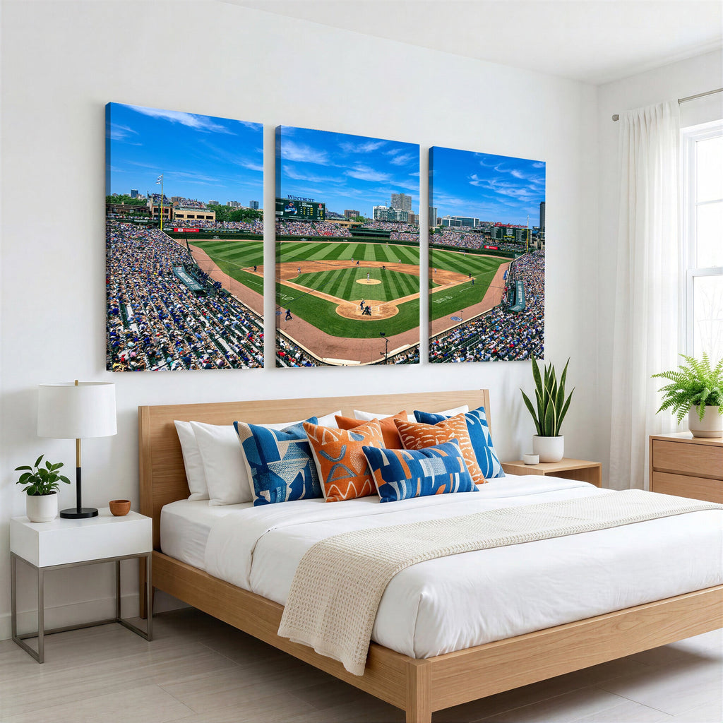 Wrigley Field Baseball Stadium Canvas Wall Art, Packed Crowd and Chicago Skyline