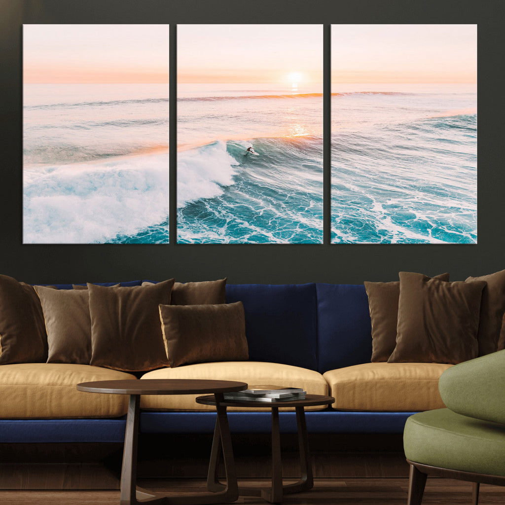 Sunset Surfing Wall Art Canvas Print, Ocean Wave Surfer with Golden Sky