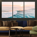 Sunset Surfing Wall Art Canvas Print, Ocean Wave Surfer with Golden Sky