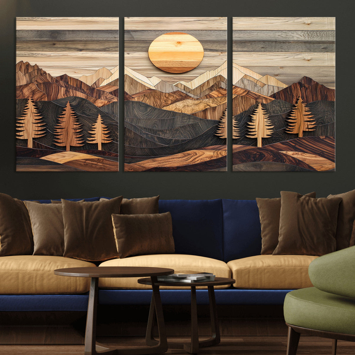 Wooden Mountain Layers Art | Rustic Pine Tree Landscape