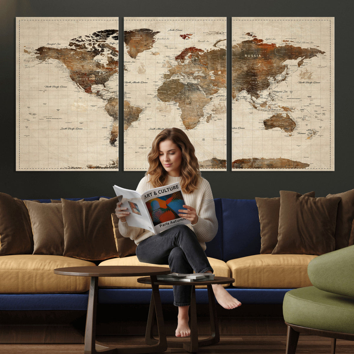 Vibrant Earth Tone World Map Canvas Print | Framed Detailed Map of the World