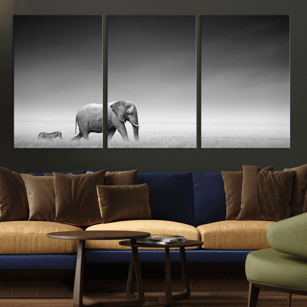 Elephant and Zebra Wall Art Canvas Print, Modern Artwork