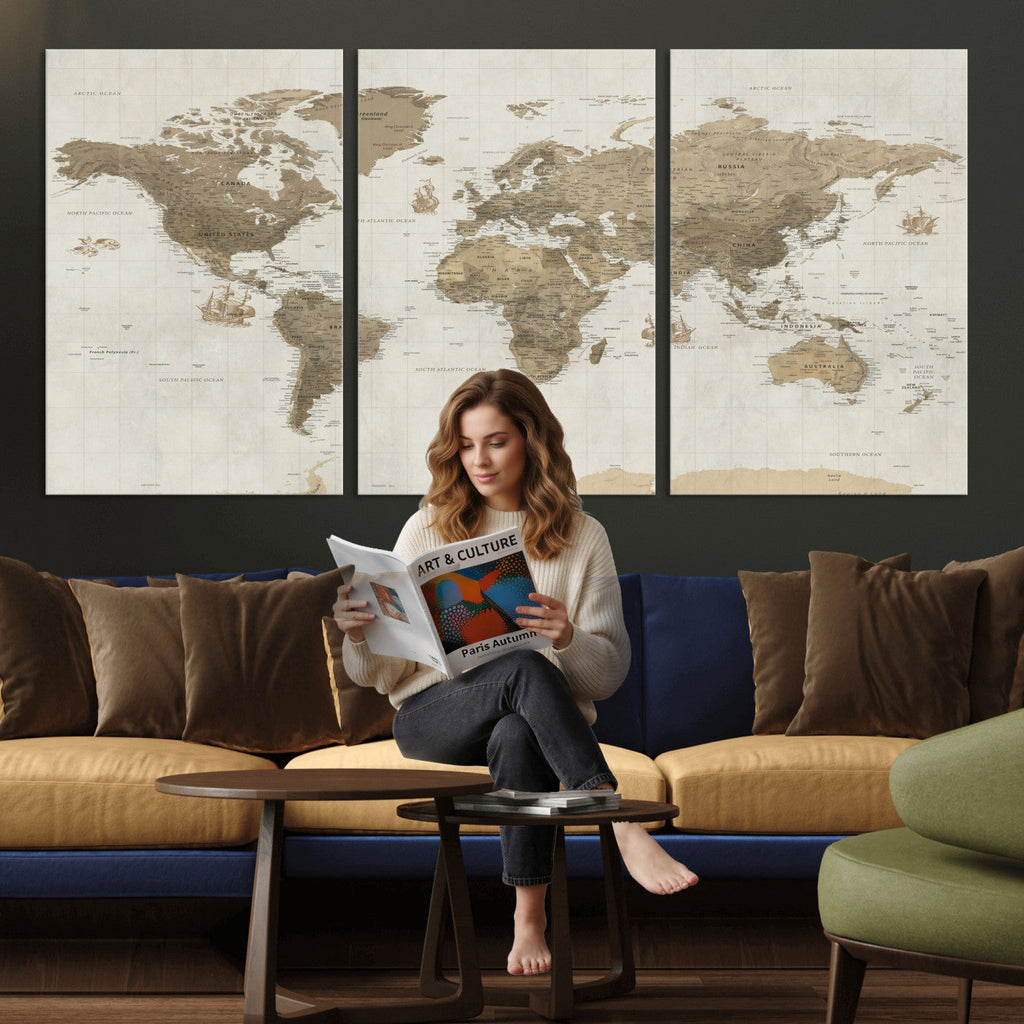 Detailed World Map Wall Art Canvas Print