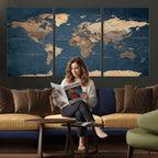 Navy Blue World Map Canvas Print | Framed Travel Map Wall Art
