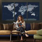 Blue Detailed World Map Wall Art Canvas Print | Modern Framed Map