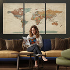 Vintage World Map Canvas Wall Art Print | Framed Modern World Map