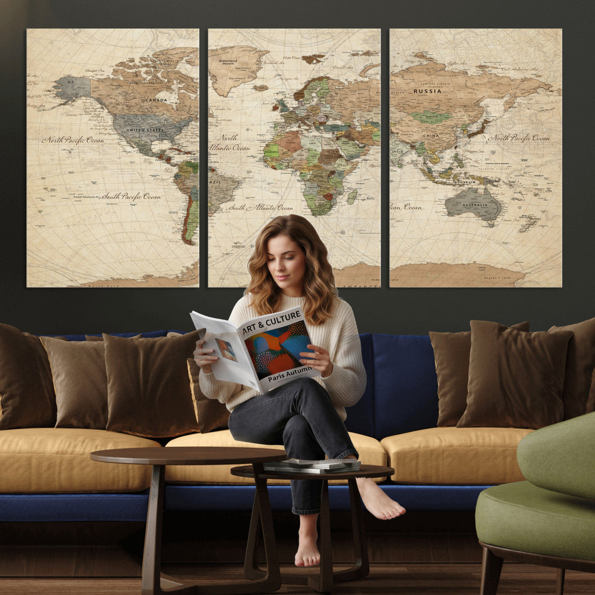 Framed World Map Wall Art for Home and Office Decor