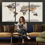 Custom Beige Modern Push Pin World Map Canvas Print, Places Visited Tracker, Bedroom and Study Decor