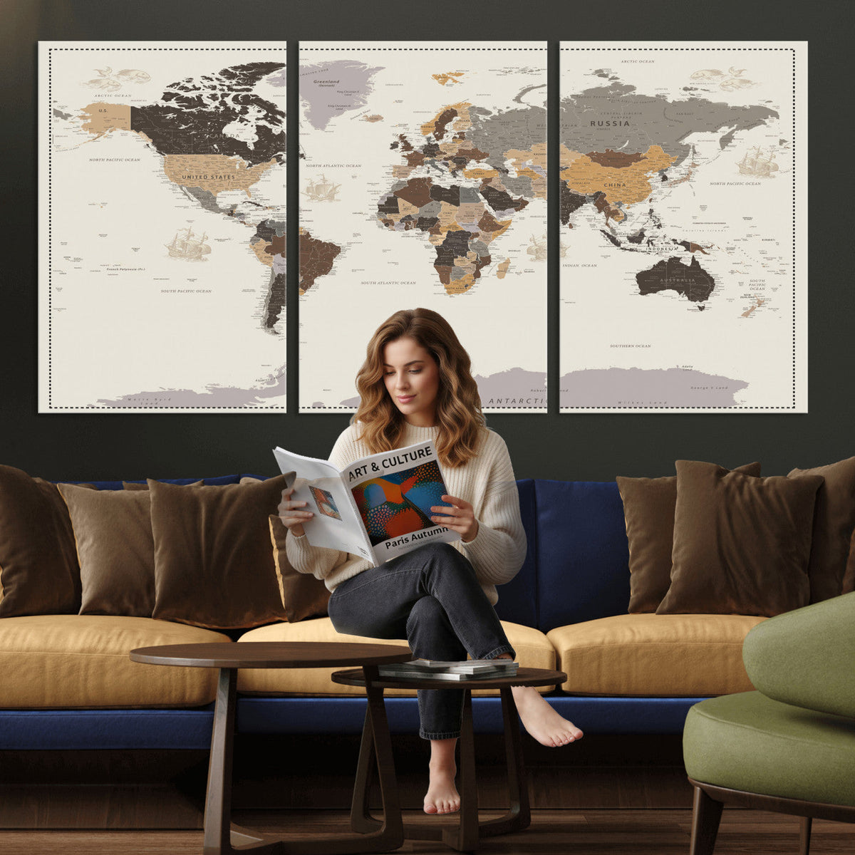 Custom Beige Modern Push Pin World Map Canvas Print, Places Visited Tracker, Bedroom and Study Decor