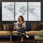 Push Pin World Map Canvas Print - Detailed Vintage World Map