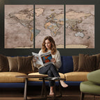 Grunge World Map Canvas Wall Art - Vintage Aged World Map with Golden Tones
