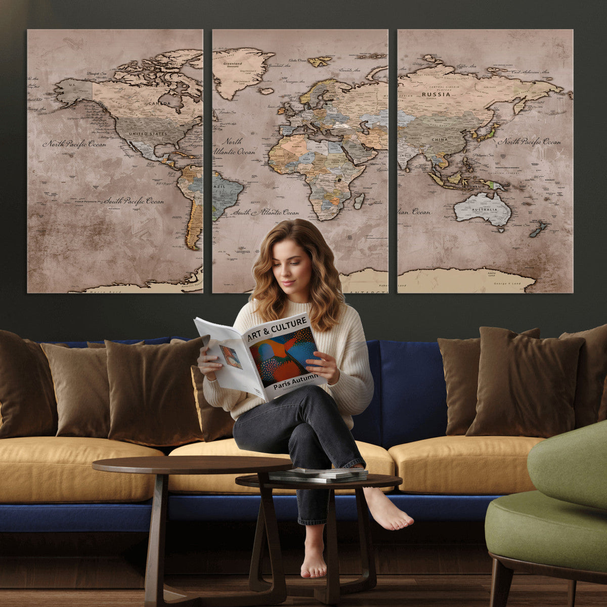 Grunge World Map Canvas Wall Art - Vintage Aged World Map with Golden Tones