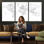 World Map Canvas Print, Framed Modern Detailed Map of the World for Home or Office