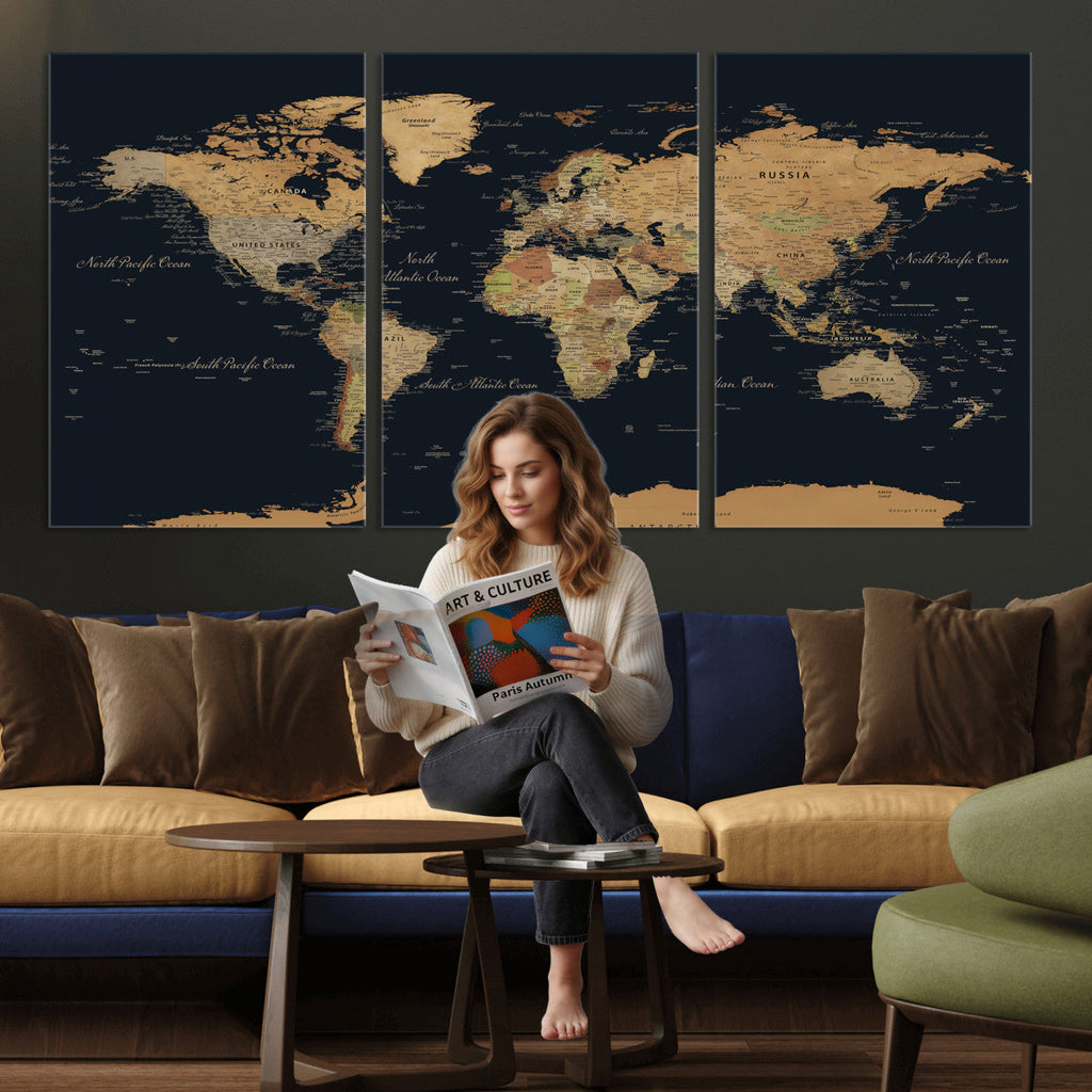 Vintage World Map Earth Globe Countries Oceans Continents
