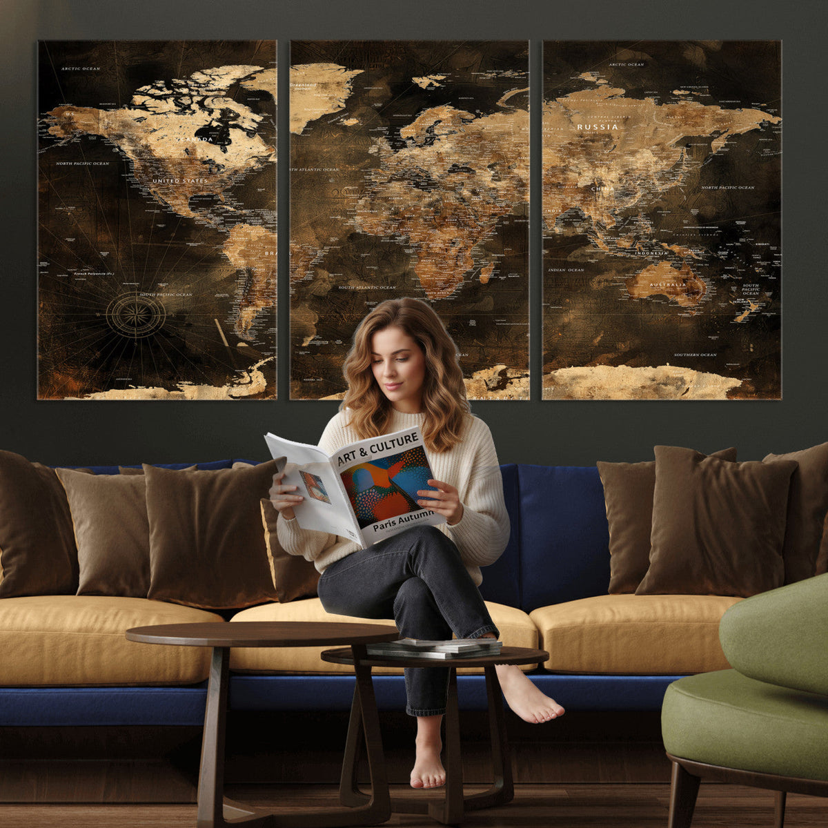 World Map Canvas Print, Modern Decorative Framed Map Artwork