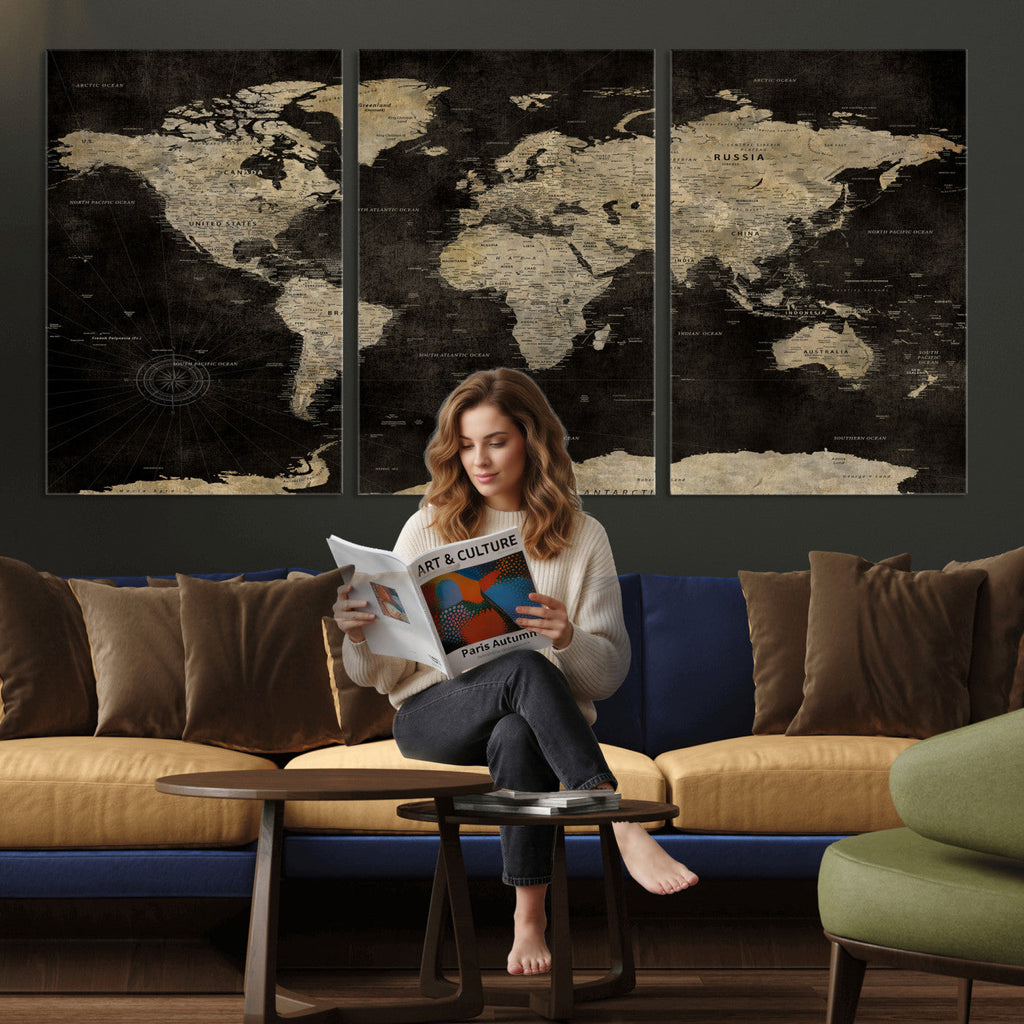 Push Pin World Map Canvas Wall Art Print, Interactive Travel Map