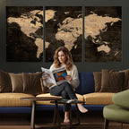 Brown World Map Canvas Print | Modern Travel Map Wall Art