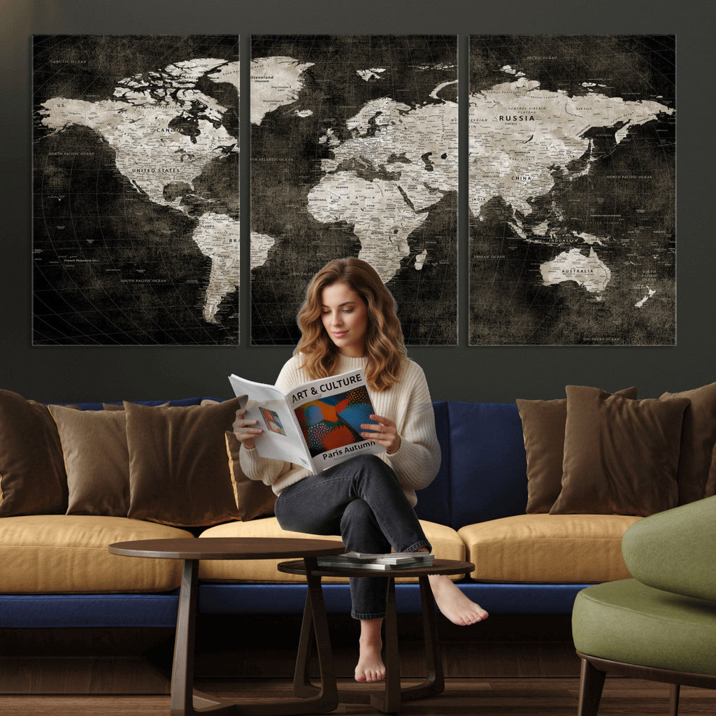 Vintage World Map Wall Art Canvas Print | Framed Large Map Wall Art