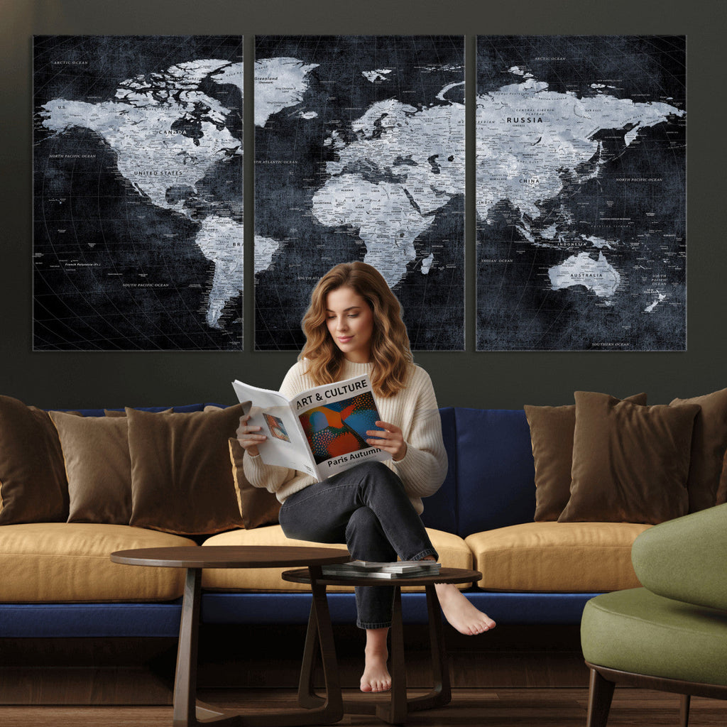 Black World Map Canvas Print | Detailed Map for Couples and Anniversary Gift