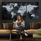 Black World Map Canvas Print | Detailed Map for Couples and Anniversary Gift