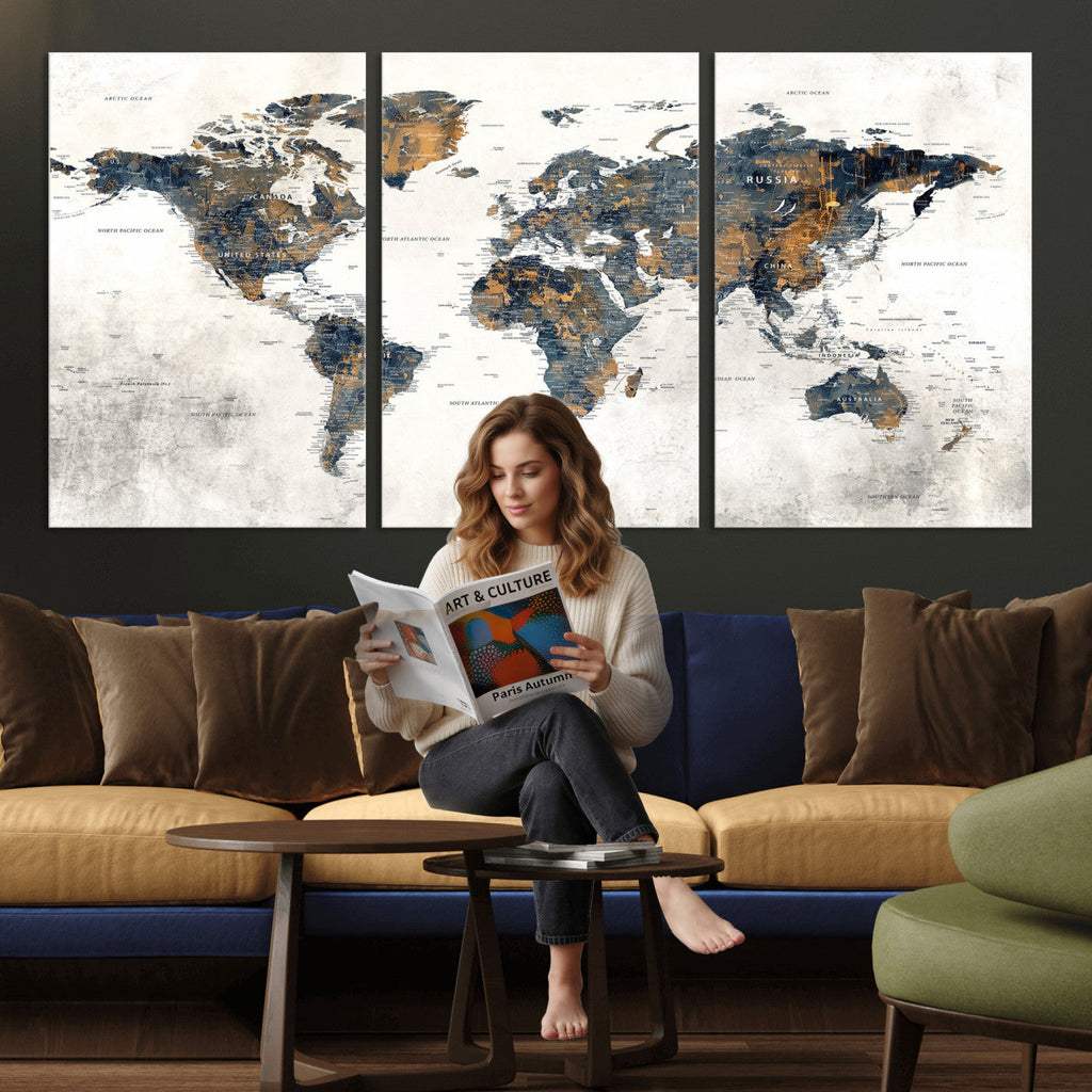 World Map Wall Art Canvas Print for Office Wall Decor
