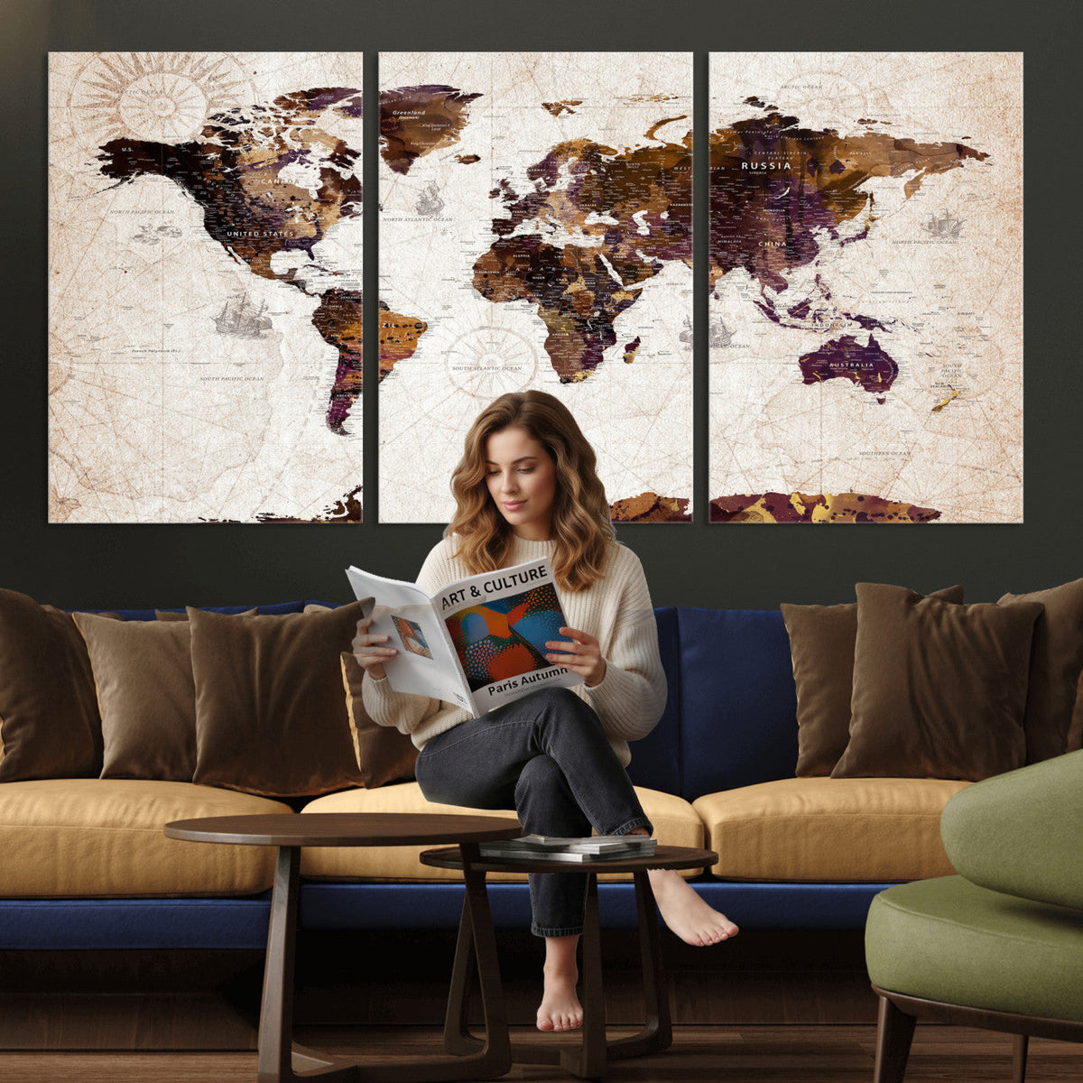 Blue Watercolor World Map Canvas Print | Framed Modern Wall Art