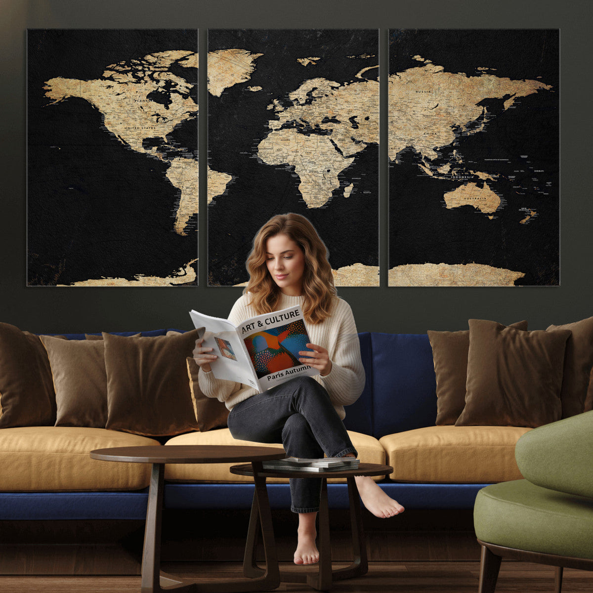 Beige World Map Canvas Wall Art Print, Minimal Black and Beige Map