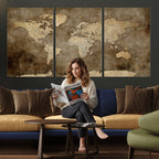Dark Vintage World Map Canvas Wall Art Print, Antique Map Artwork