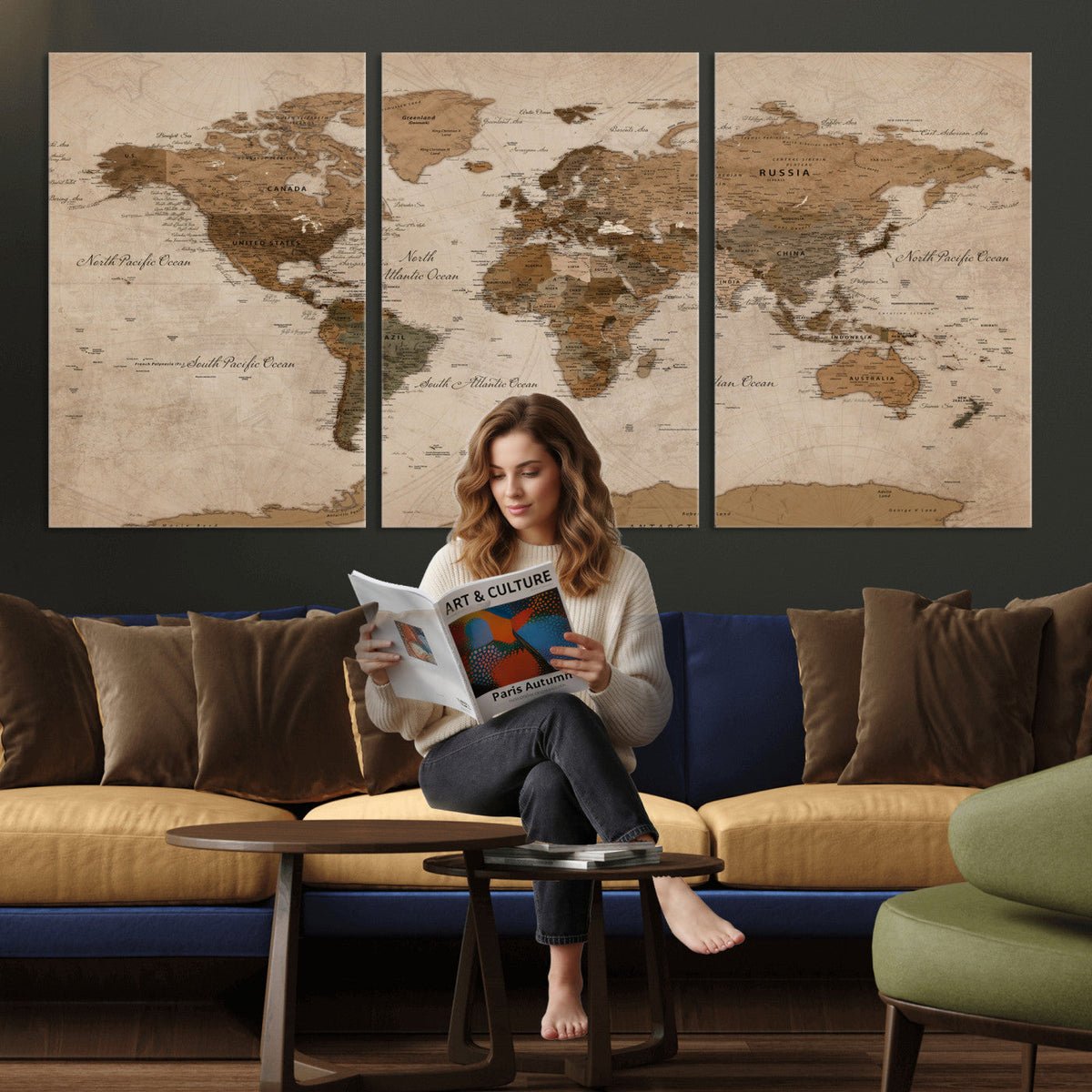 World Map Canvas Wall Art Print, Detailed Global Map Artwork