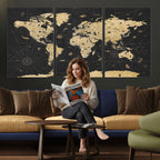 Vintage Blue and Brown World Map Canvas Wall Art | Framed Rustic Map Print