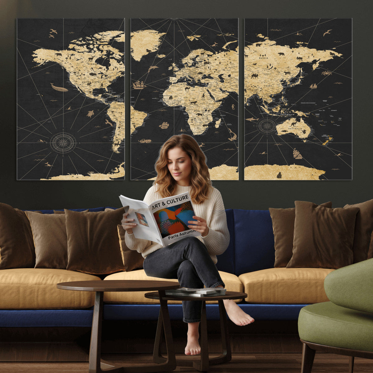 Vintage Blue and Brown World Map Canvas Wall Art | Framed Rustic Map Print