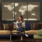 Vintage World Map Canvas Print | Framed Travel Map Wall Art for Couples