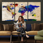 Watercolor World Map Canvas Print | Framed Wall Art for Couples