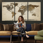 Vintage World Map Canvas Wall Art | Framed Antique Style Travel Map