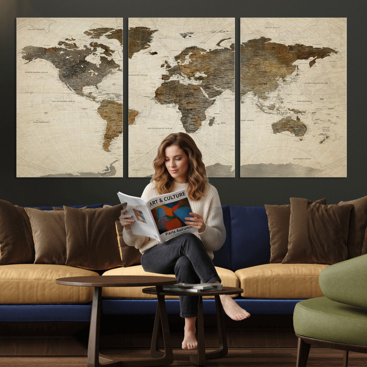 Vintage World Map Canvas Wall Art | Framed Antique Style Travel Map