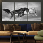 Wild Horses Wall Art Canvas Print, Framed Black and White Galloping Horses