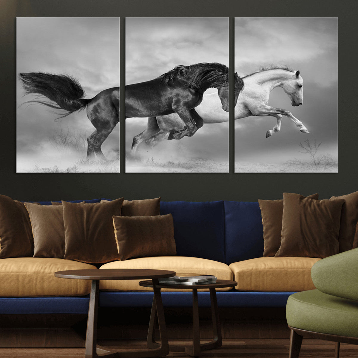 Wild Horses Wall Art Canvas Print, Framed Black and White Galloping Horses