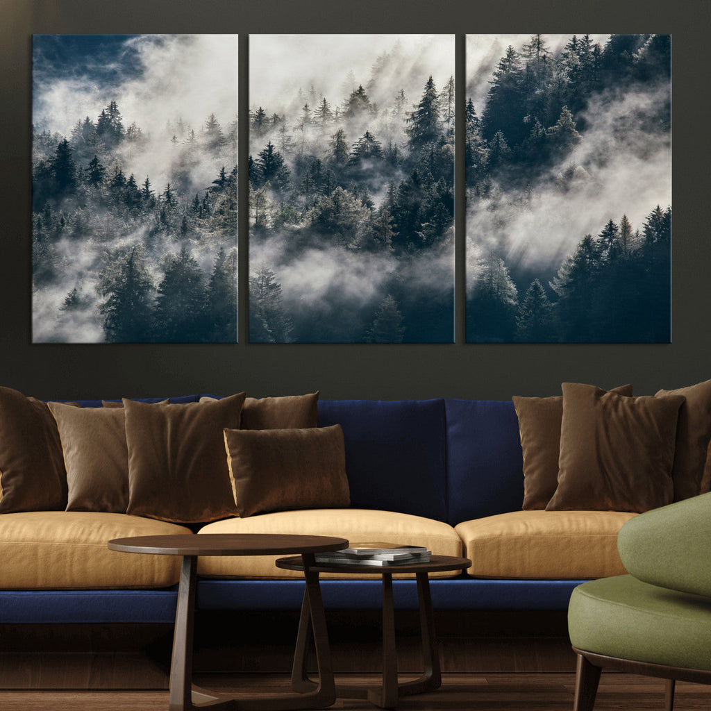 Foggy Mountain Forest Canvas Print, Misty Pine Trees Nature Wall Art