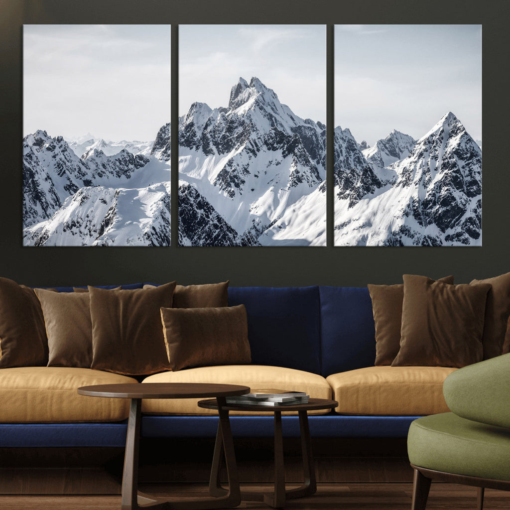 Snowy Mountain Range Canvas Print, Alpine Peaks Landscape Wall Art