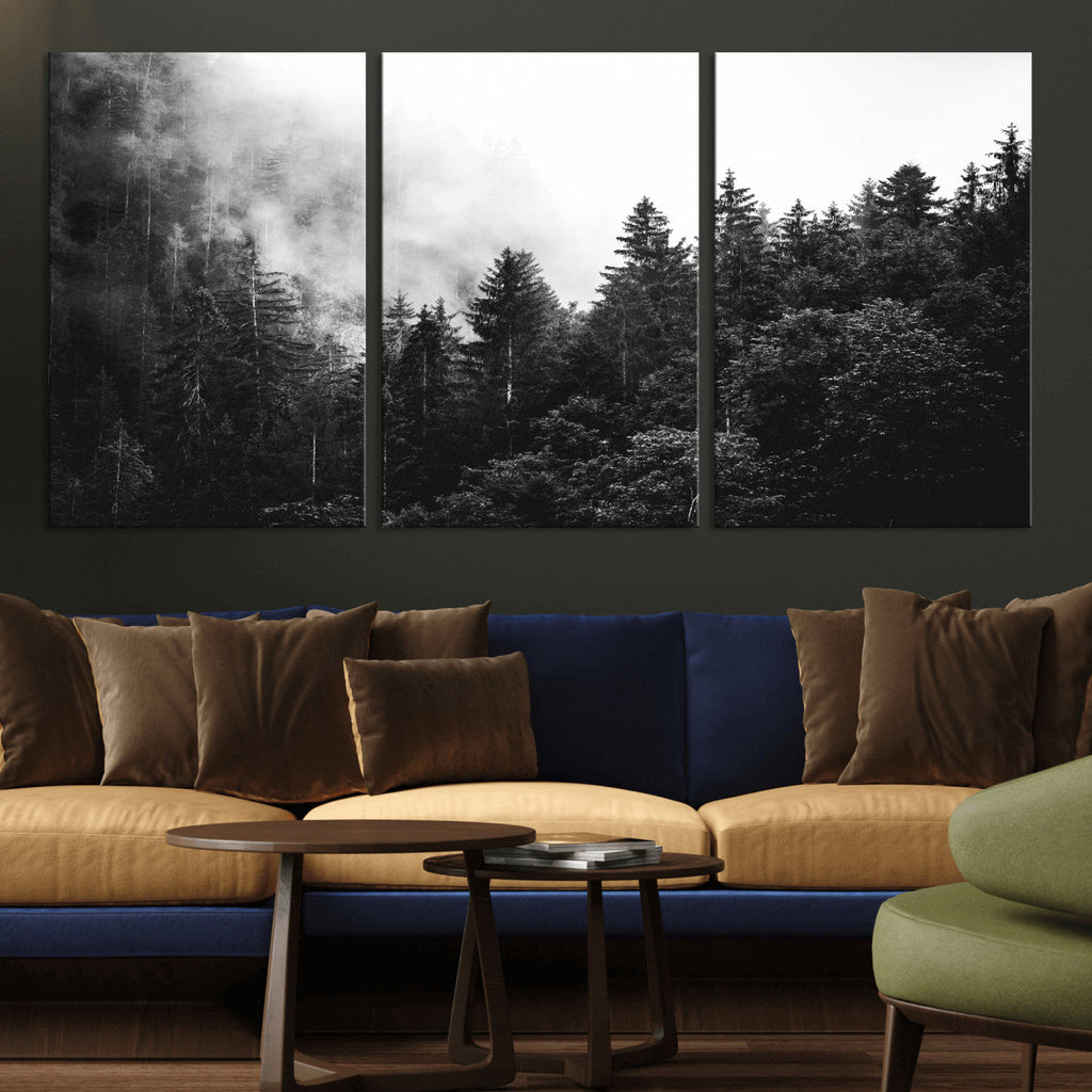 Black White Forest Wall Art Canvas Print, Misty Pine Tree Landscape
